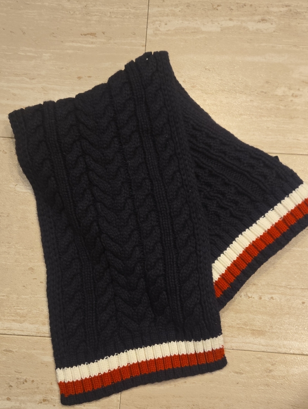 Tommy Hilfiger Unisex Navy Cable Knit Scarf with Red and White Trim